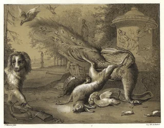 Stillleben mit einem Pfau und einem Hund